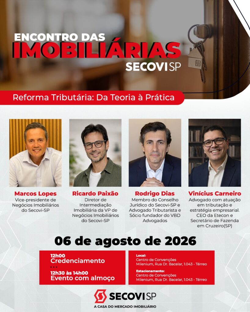 gestão de condomínios - encontro do setor imobiliário com palestrantes debatendo reforma tributária e impactos condominiais