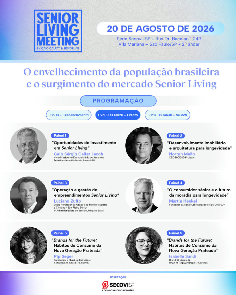 Senior Living Meeting Secovi-SP - painel com palestrantes do evento sobre envelhecimento da população e mercado imobiliário brasileiro
