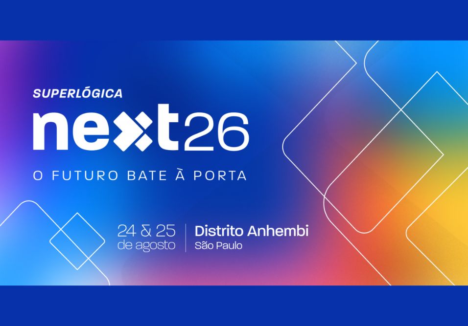 gestão condominial - banner do Superlógica Next 2026 com tema O futuro bate à porta em design futurista azul e laranja