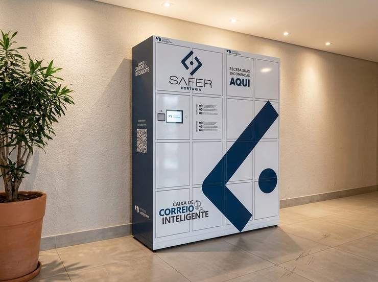 Armário inteligente de encomendas com a marca Safer, com portas individuais e painel de retirada