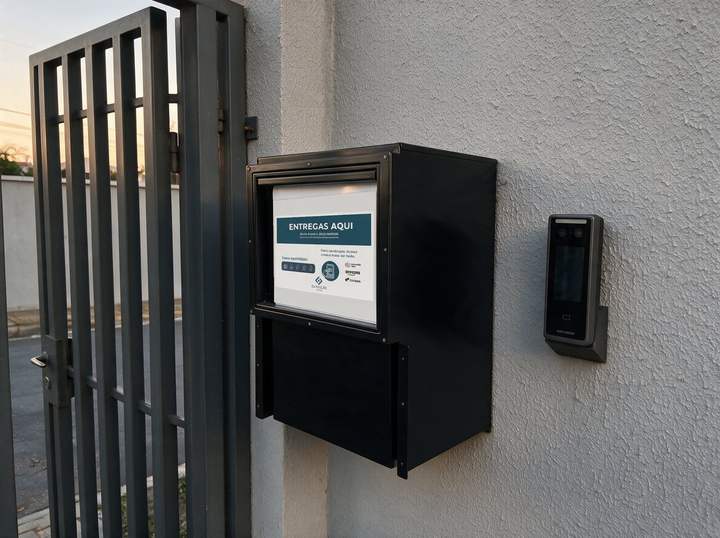 Placa da Box Safer, caixa de entrega automatizada: para entregas, toque o interfone ao lado