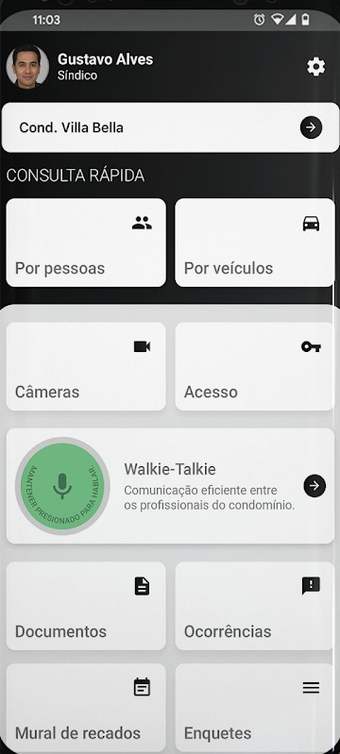 Menu principal do app do síndico